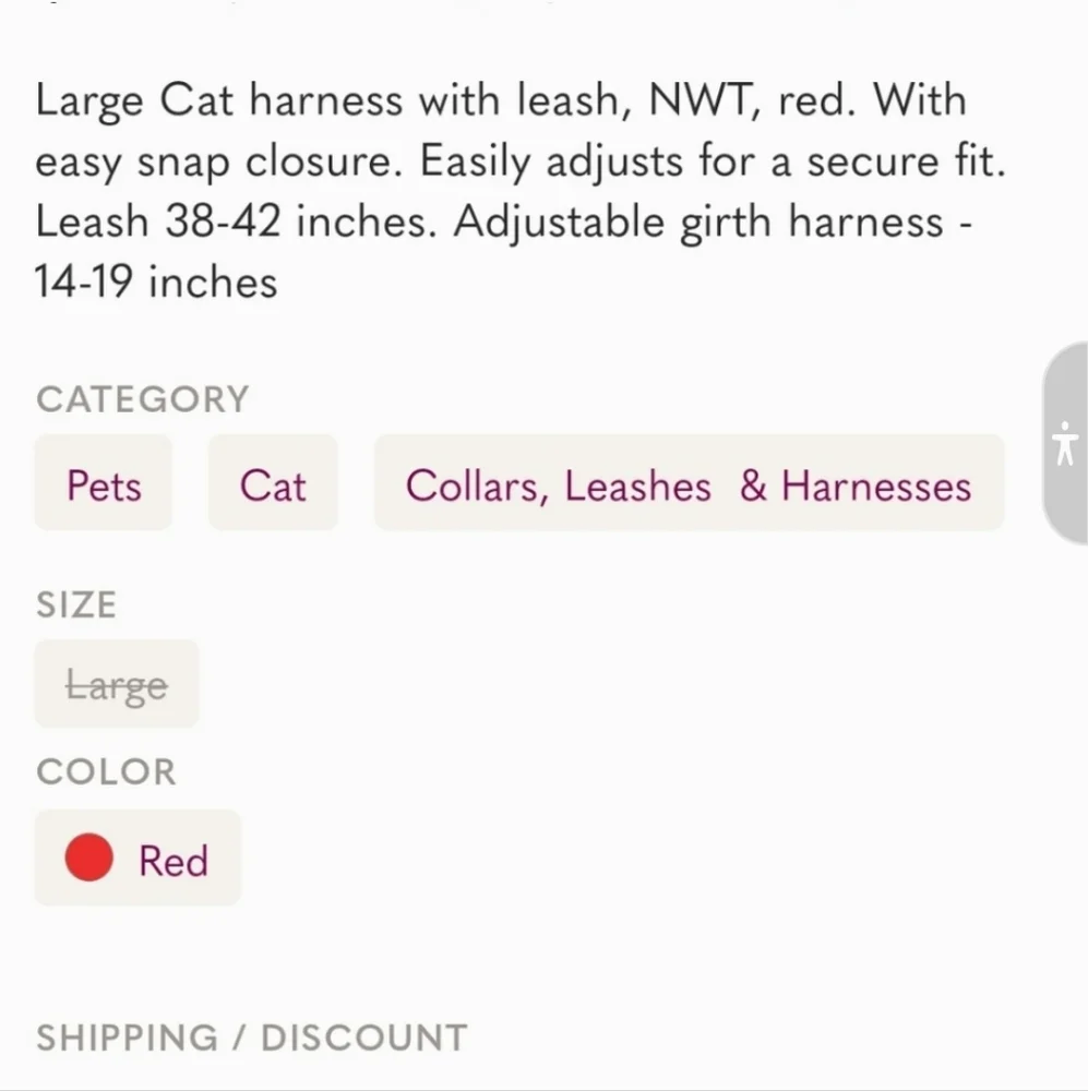 Sale Adult Cat Harness leash by WHISKER CITY LARGE SIZE
